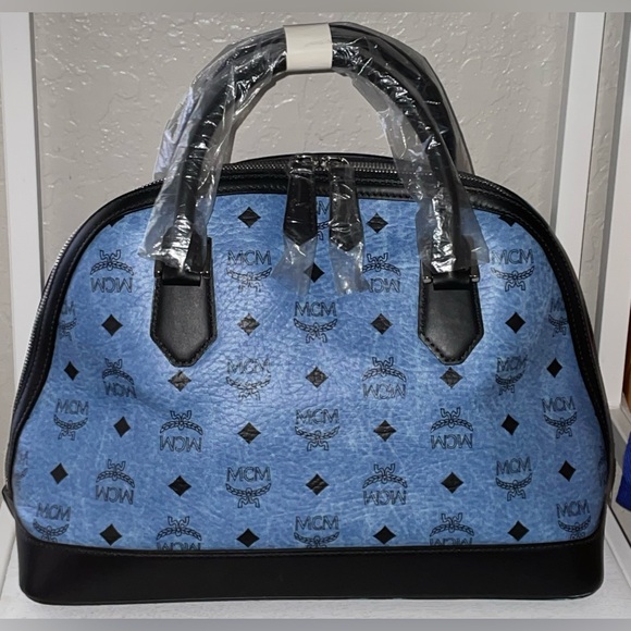 MCM SIGNATURE LEATHER DOMED TOP HANDLE SATCHEL HANDBAG PURSE DENIM BLUE BLACK - Picture 13 of 15